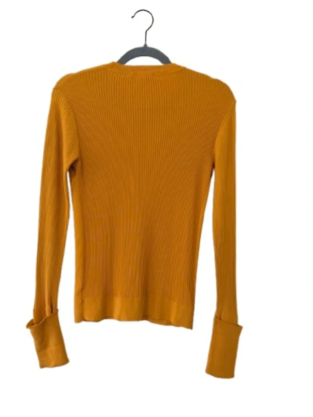 Tory Burch Simone Ribbed Cardigan Sweater Mustard Yellow Logo Button Cotton SZ S
